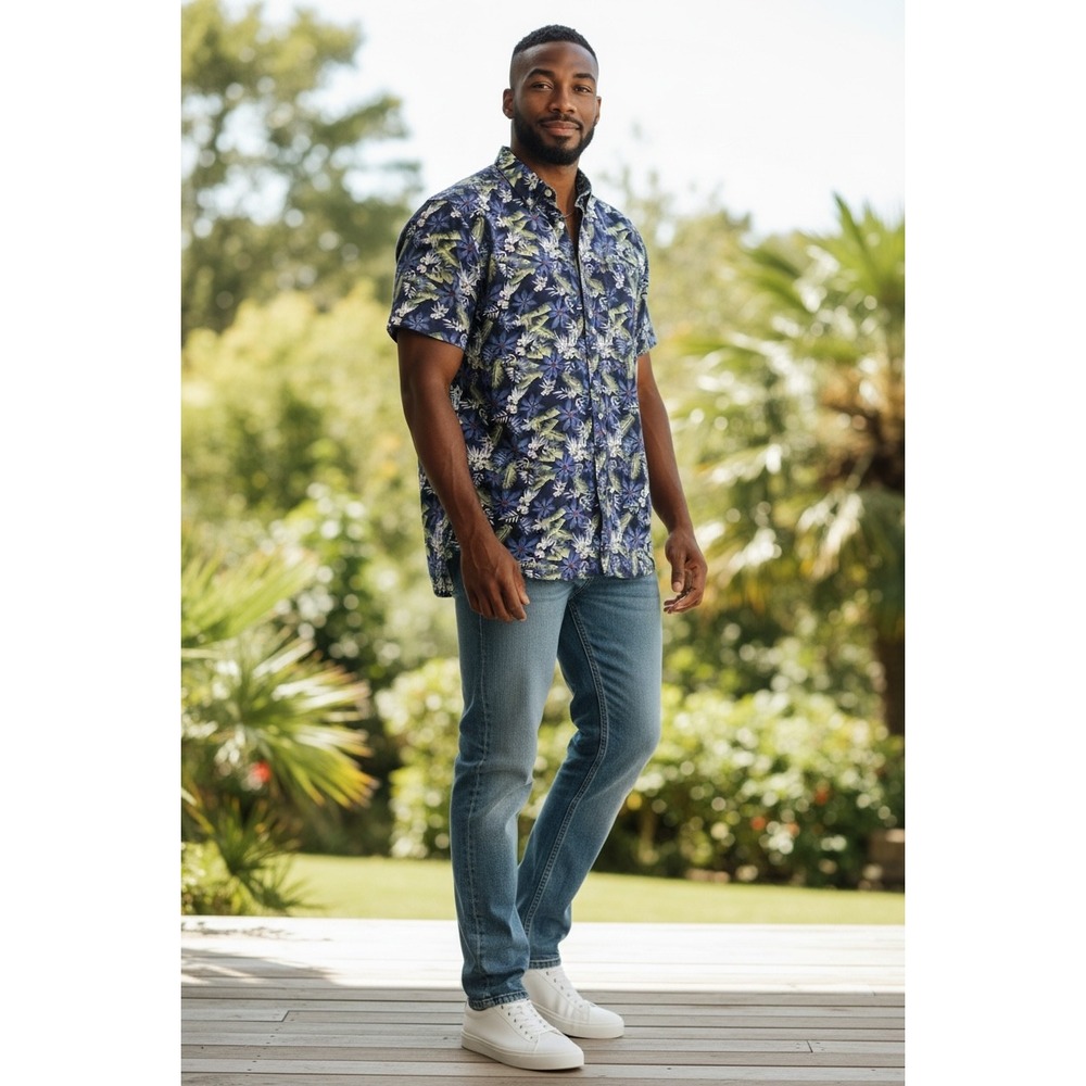 Nautica Mens 3XLT Blue Tropical Floral Short Sleeve Stretch Shirt Hawaiian Beach